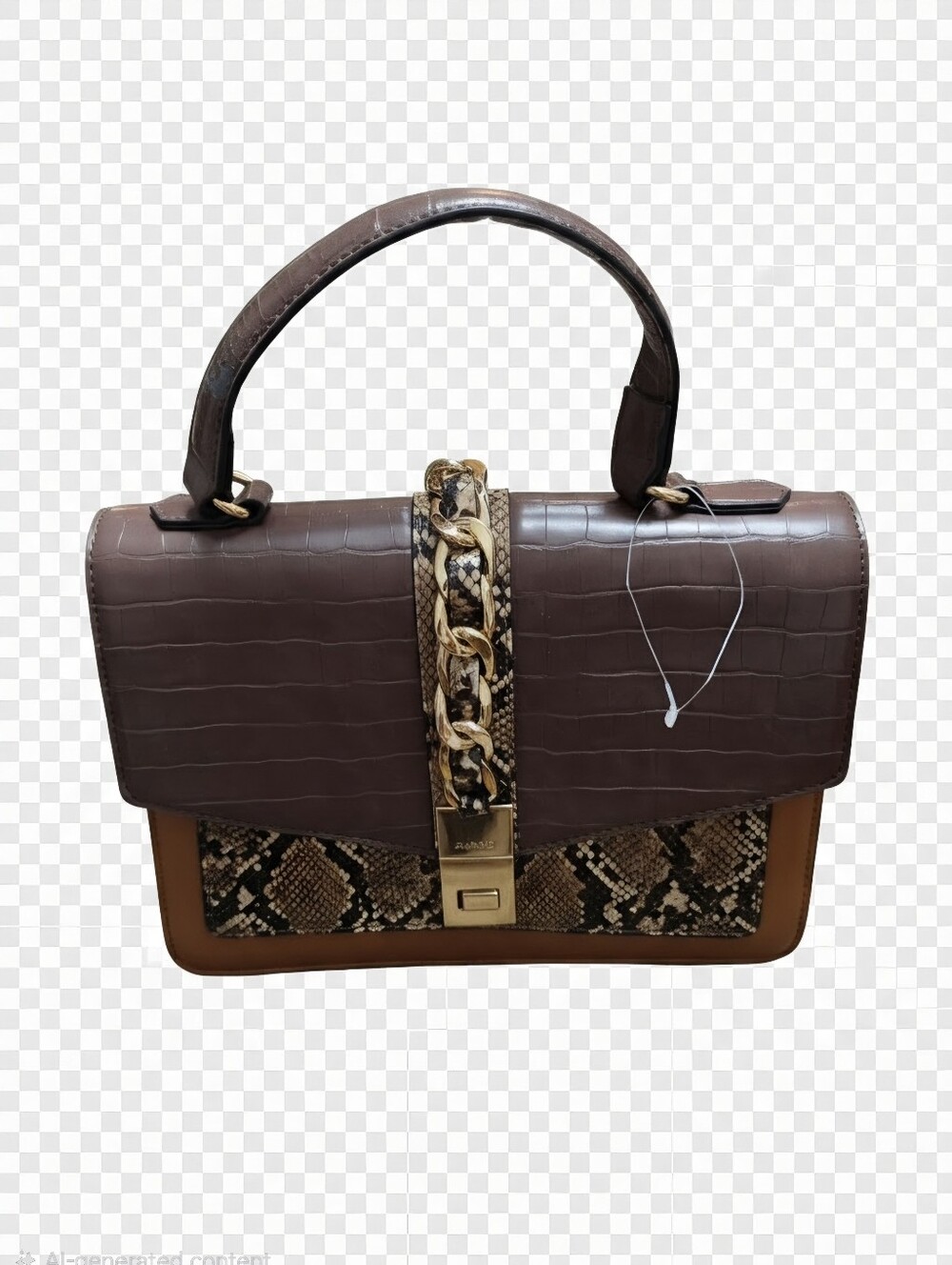 Aldo Brown Croc-Effect Satchel with Snake-Print and Gold Chain
